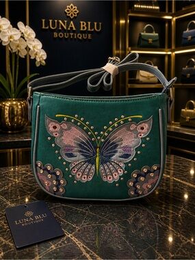 Green Butterfly Embroidered Shoulder Bag Conceal and Carry